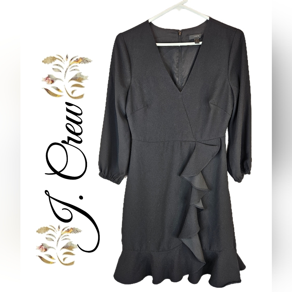 J. Crew Womens Little Black Dress Sz 2 Above Knee Ruffles Elastic Wrist Lined